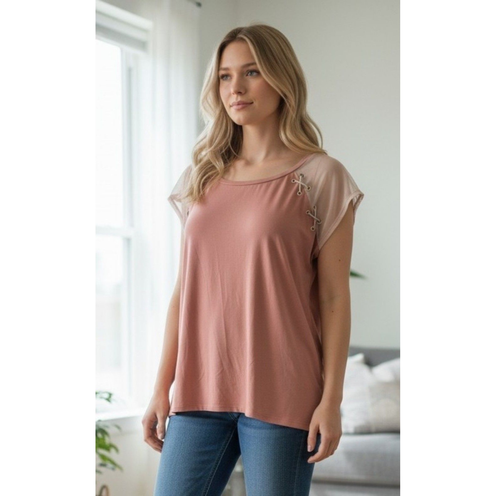 Blush Pink Mesh Lace Up Shoulder Top Xl Y2k Fairycore Boho Tunic Blouse